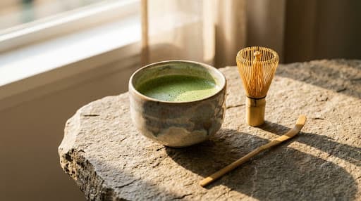 Bowls of Hikari premium matcha on a stone table in warm light
