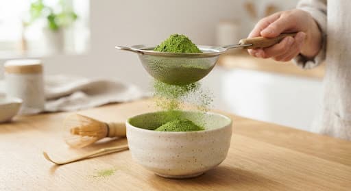 Ippodo Sayaka premium matcha in a glass jar with a small scoop